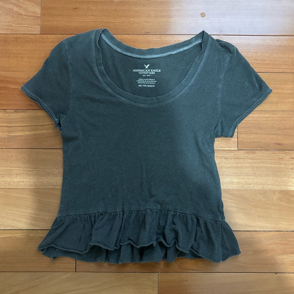 Gray American Eagle Cropped Tee with Ruffled Hem